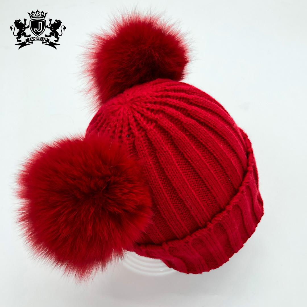 Women Knitted Beanie Hats Women Knit Hat Double Pom Pom Boys Girls Warm Hats With Detachable Fur Pom красный