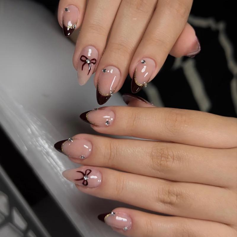 Elegant Black and Wine Red Bow Rhinestone Press-On Nails with Sparkle Stickers Glue Version