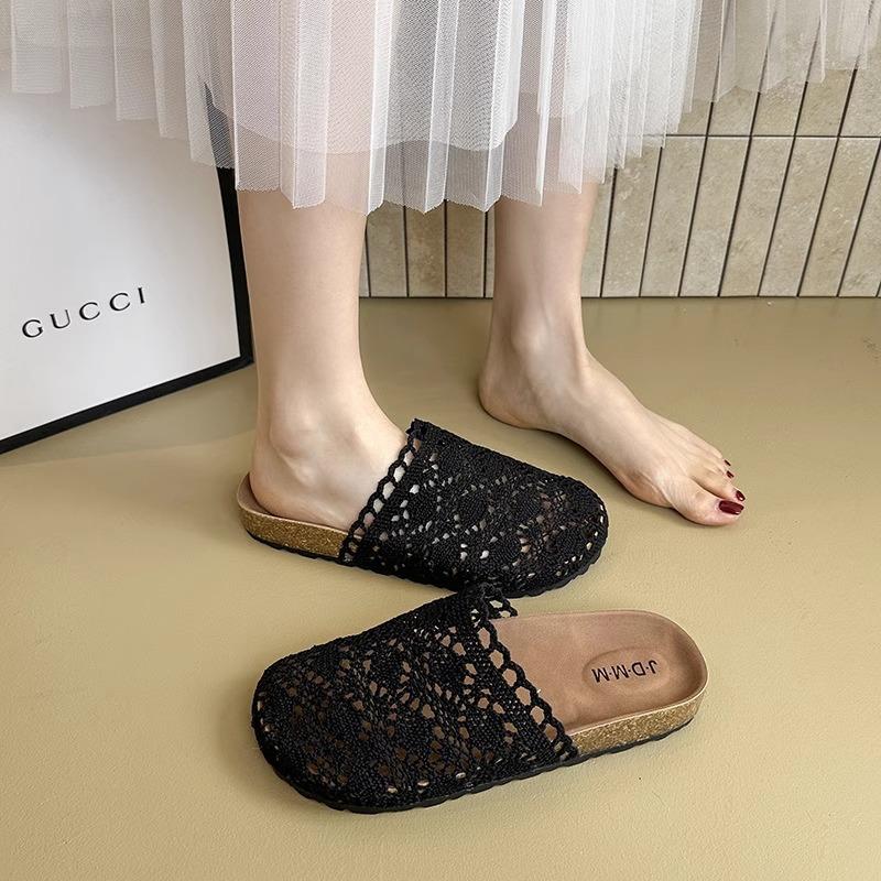 Baotou Half Slippers Women's 2025 New Flat Bottom Hollow One Pedal Women's Fashion Half-support Single Shoes Square Head Slippers