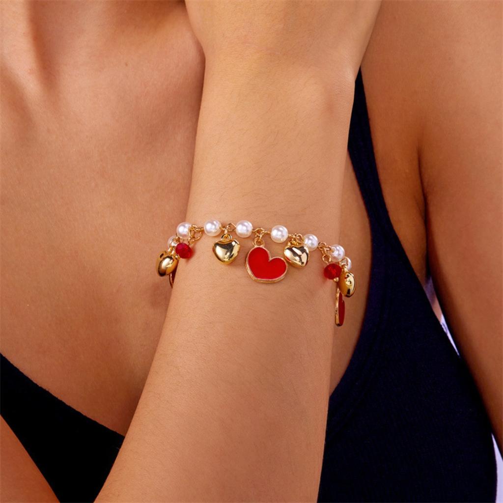 Hypoallergenic Stainless Steel Women's Bracelet with Cherry Strawberry Heart Pearl Chain - Gift Party Bangle Accessory for Girls