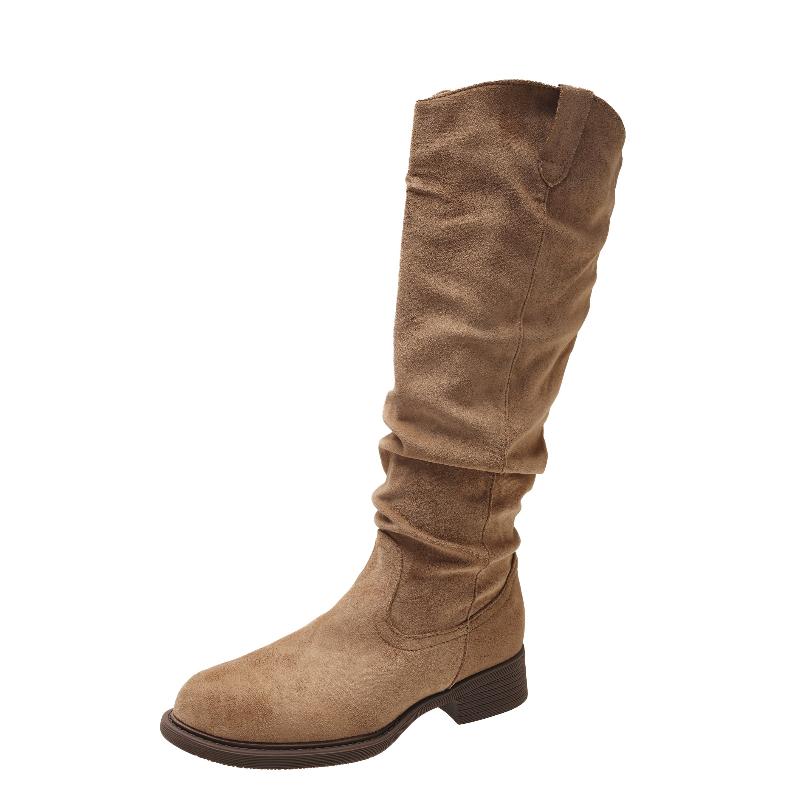 Autumn Winter Low Heel Women Western Cowboy Boots Fashion Soft Pleated Shoes Female Vintage Slip On Long Booties