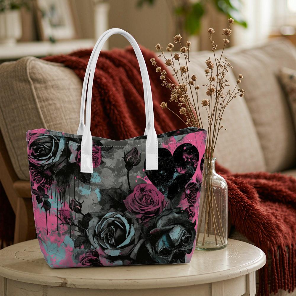 Gothic Rose Heart Pattern Tote Bag Dark Style Aesthetic Daily Shoulder Bag for Women Casual Trendy Lightweight Large Capacity Versatile Handbag