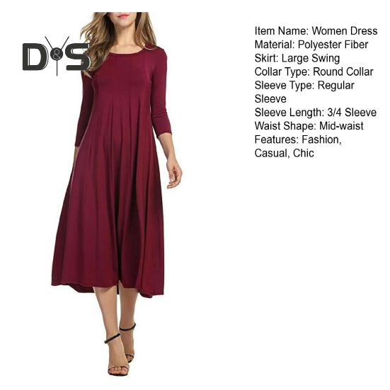 Women's Pleated A-line Midi Dress 3/4 Sleeve Crew Neck Swing Dress Summer Beach Vacation Flowy Sundress
