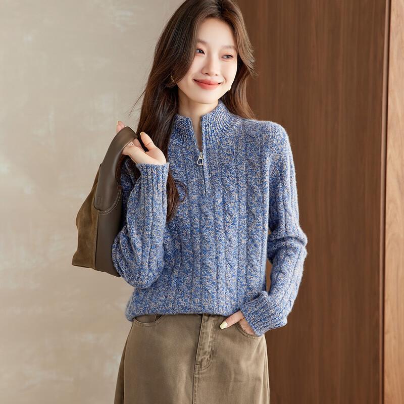 Srcr Women's 100% Wool Cable Knit Half-Zip Sweater