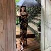 French Retro Temperament Imperial Sister Style Printing Lotus Leaf Edge Suspender Dress Summer Split Hip Wrap Dress