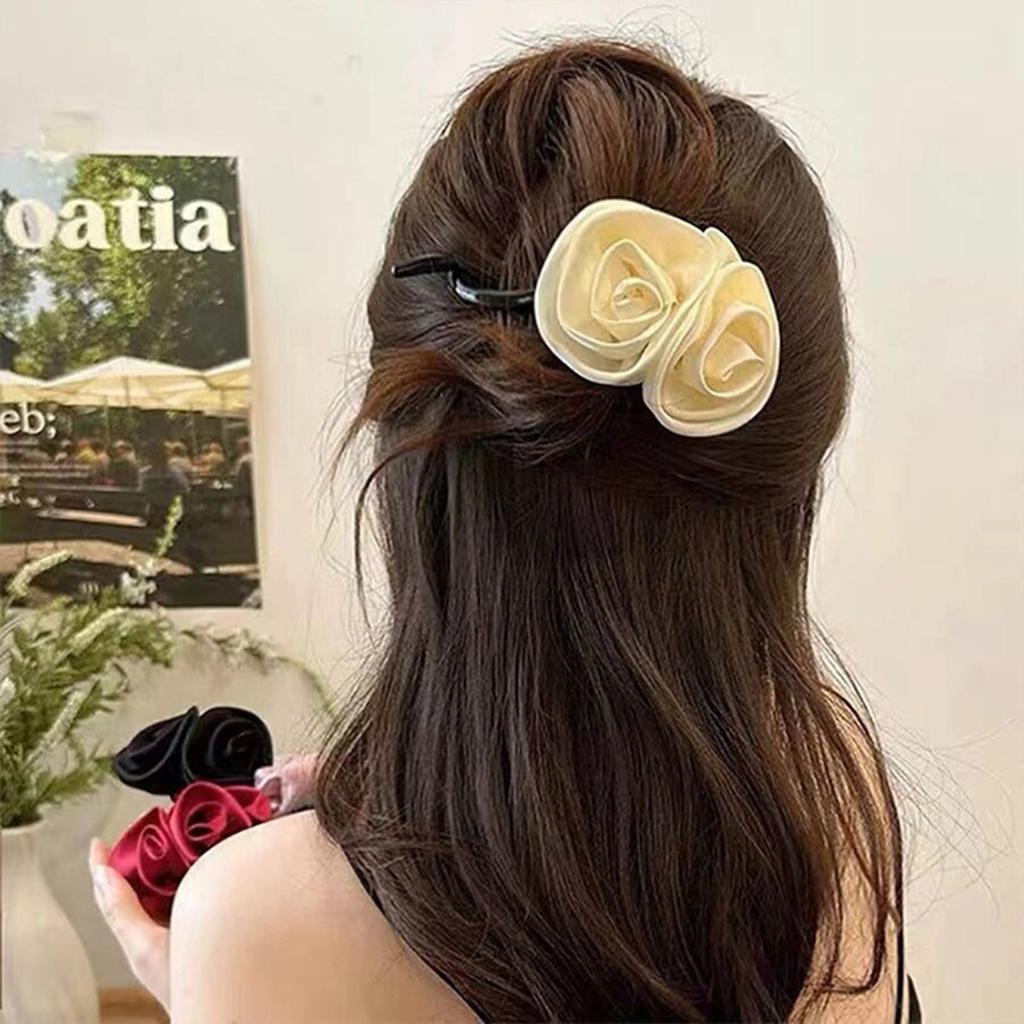Trendy Flower Hair Claw Elegant Satin Rose Shark Hair Gripper For Women Girls Daily Life Fashion Hair Clip Hair Accessories