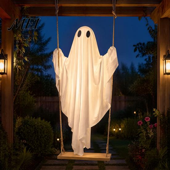 Floating Ghost for Patio Trees Halloween Hanging Swing Decor with String Lights, Glowing Adjustable Swinging Props Ornament Yard Tree, Outdoor Spooky