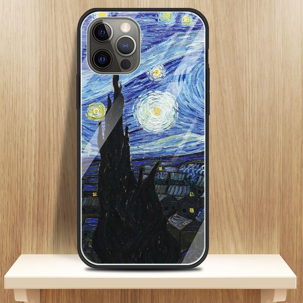 Glass Cover For iPhone 14 13 12 11 Pro X XS Max XR 8 7 6 6S Plus Case Protective Capa Fundas Van Gogh Paintings Starry Night
