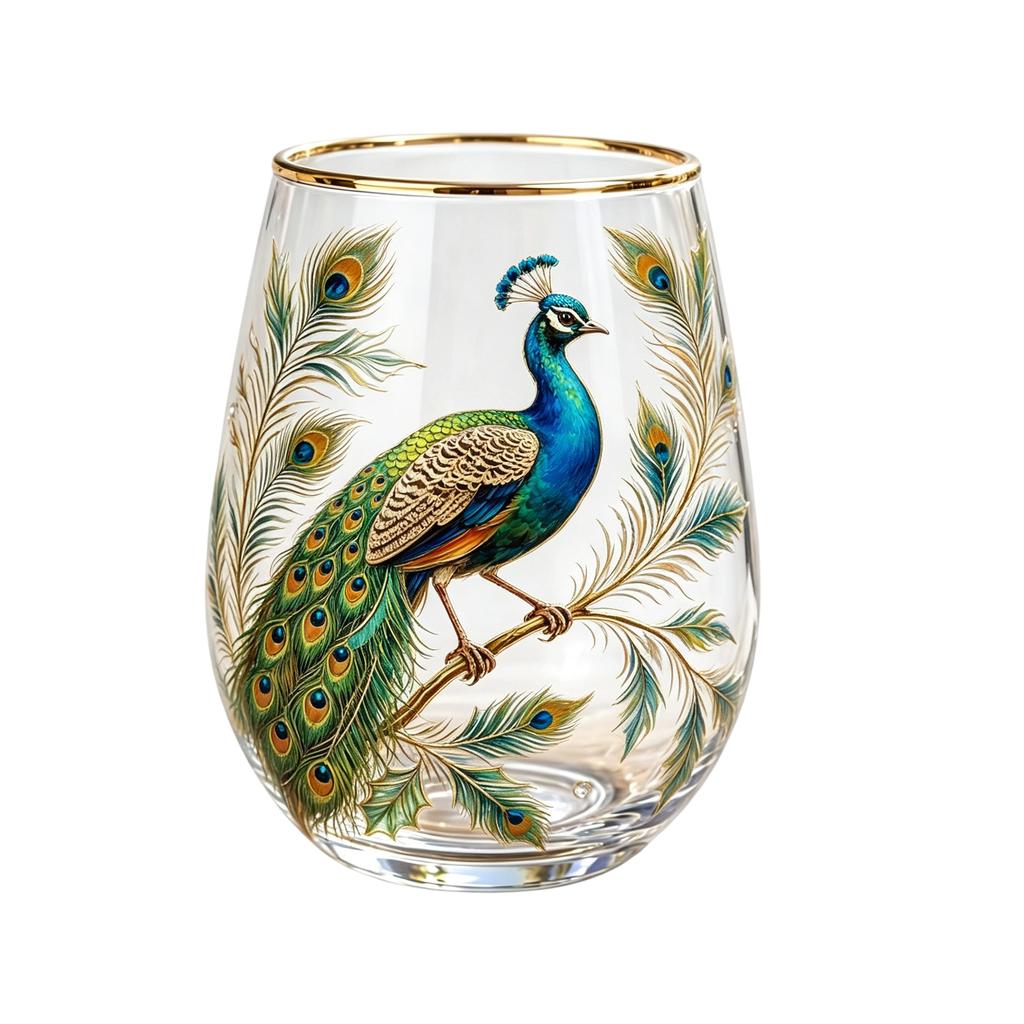 Glass Tea Cup with Peacock Print Decorative Cups for Garden Glass Tea Cups Drinking Cups for Garden