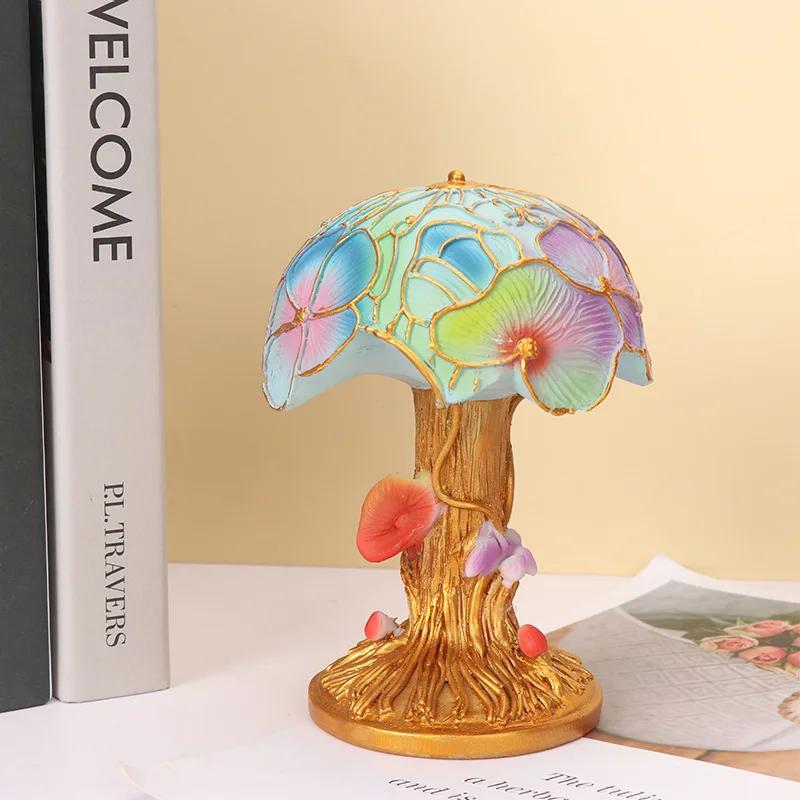 Painting Mushroom Table Lamp,Stained Plant Night Light,Resin Mushroom Bedside Lamp for Bedroom Living Room Home Office Decor