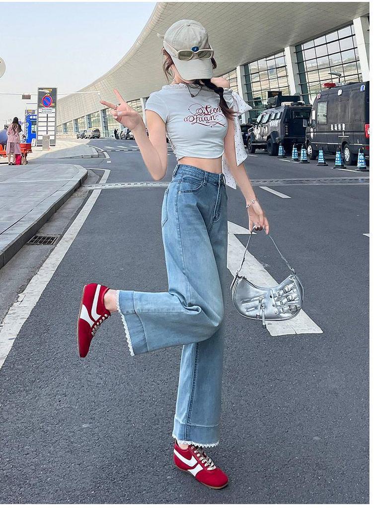 Women's Light Narrow-Wide Leg Jeans with Lace Trim - Autumn 2025 Petite Splicing Design