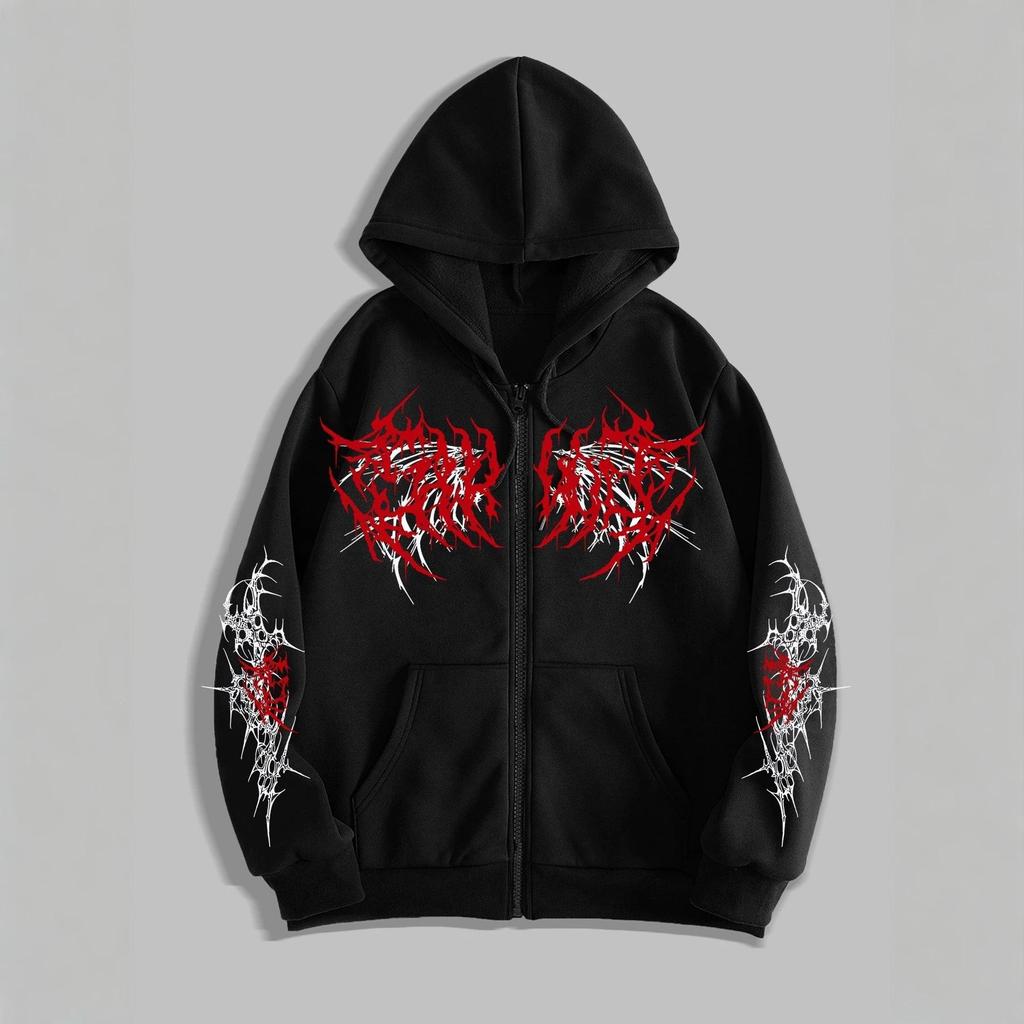 Y2K Mens Zipper Hoodies Retro Punk Digital Printed Casual Hoodies Gothic Couple Hooded Sweatshirt Hip Hop Hoody Streetwear