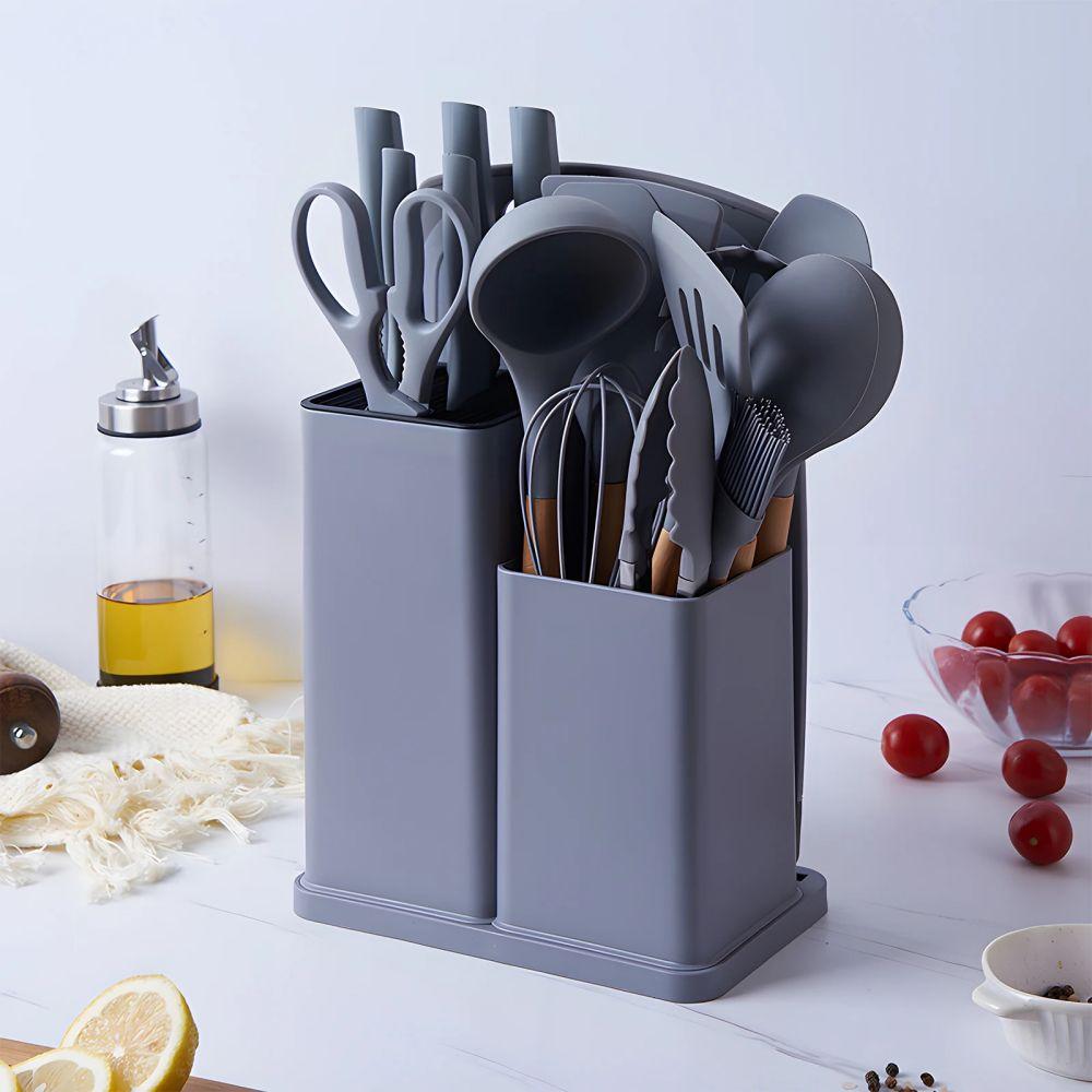 19pcs Kitchen Utensils And Knife Set, Silicone Cooking Utensils,Stainless Steel Chef Knives,Cutting Board,Kitchen Cooking Tools