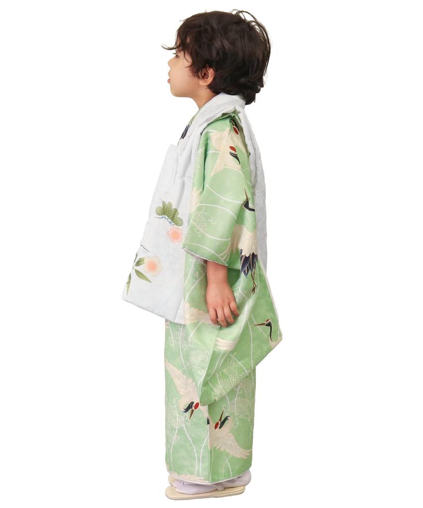 Shichigosan Kimono Set for Boys Years Includes Hifu Green [KYOETSU] (3 Old), (Clothing Cloth) (6. Cranes, 90-100cm)
