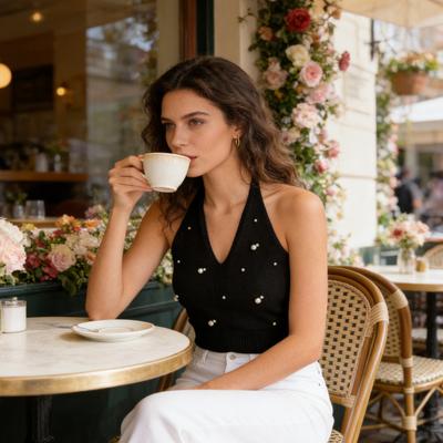 Women Tops Halter Neck Beaded Faux Pearls Camisole Soft Stretchy Loose Fit Solid Color Knitting Tops Work Party Wear