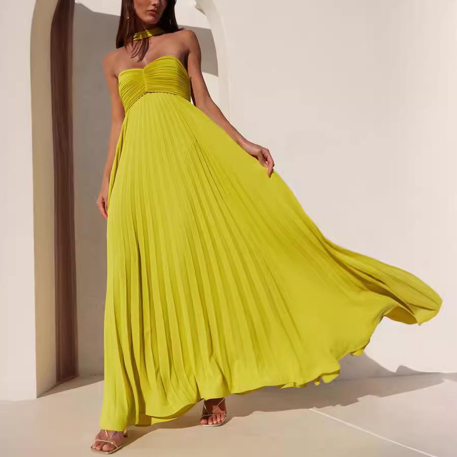 Women's Fashion Pleated Bandeau Dress - Sleeveless, Solid Color, New Arrival