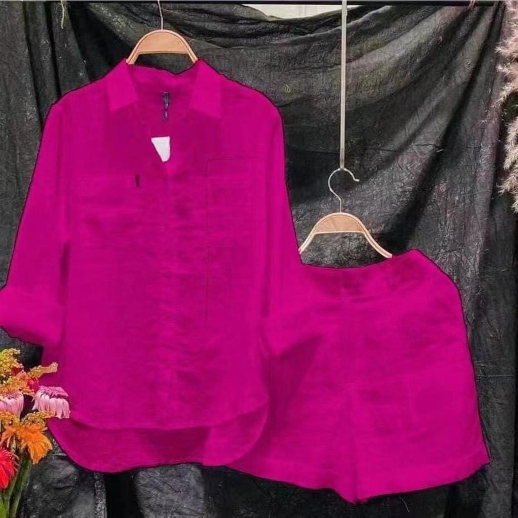 Two-Piece Set for Women Consisting of A Casual Loose Long-Sleeve Collared Shirt and Shorts, Perfect for Spring and Summer(Order A Size Up)