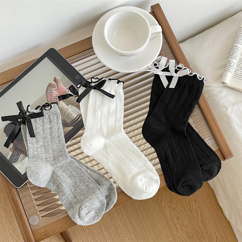 Women's Spring and Summer Thin Bow Wooden Ear Edge Ballet Wind Drum Pile Cotton Socks
