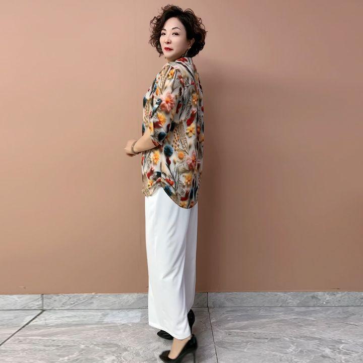 Summer Women's Floral Silk Shirt  Loose V-neck Plus-size Blouse