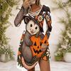 Women s Criss Cross V Neck Long Sleeve White Halloween Sloth Pumpkin Printed Dress