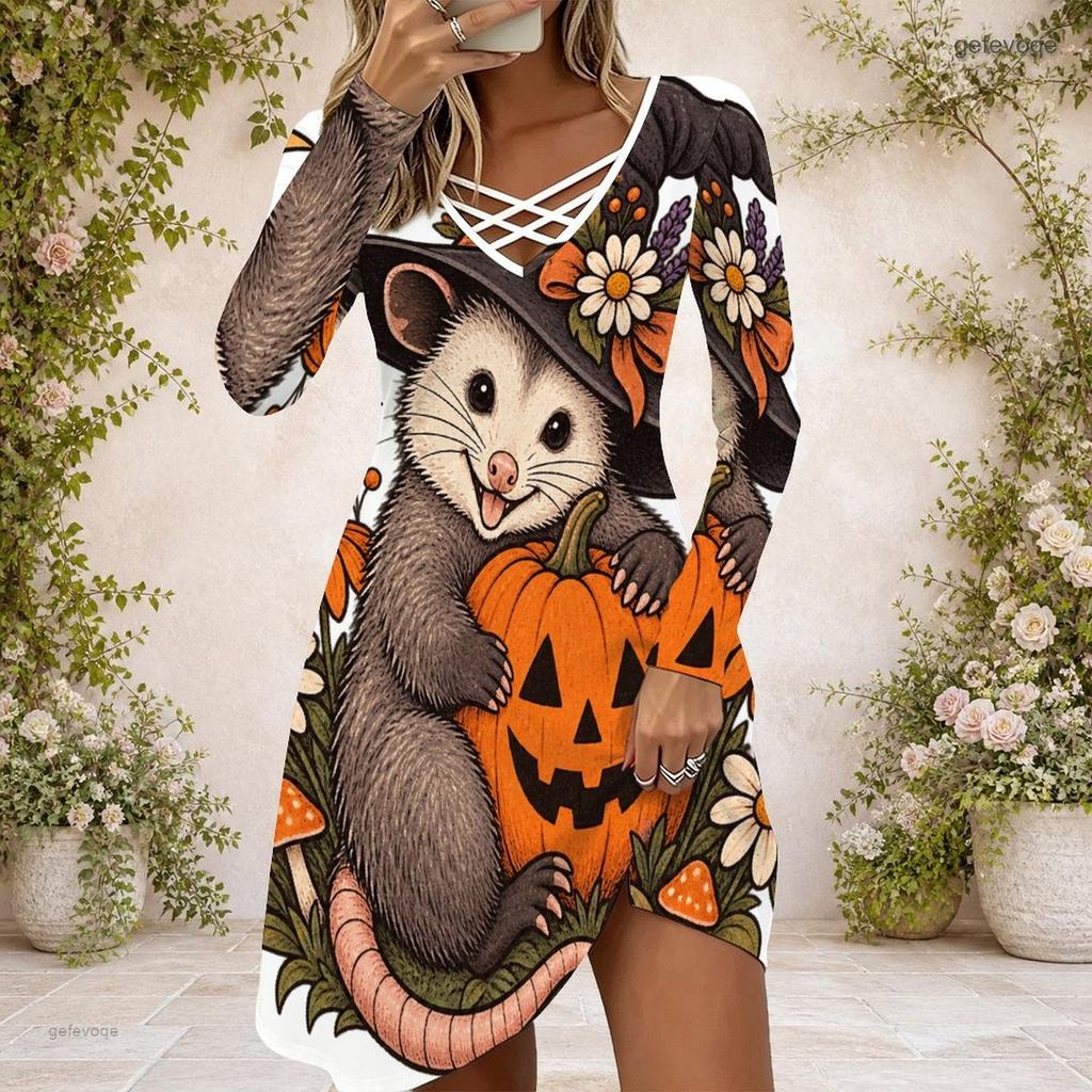 Women s Criss Cross V Neck Long Sleeve White Halloween Sloth Pumpkin Printed Dress