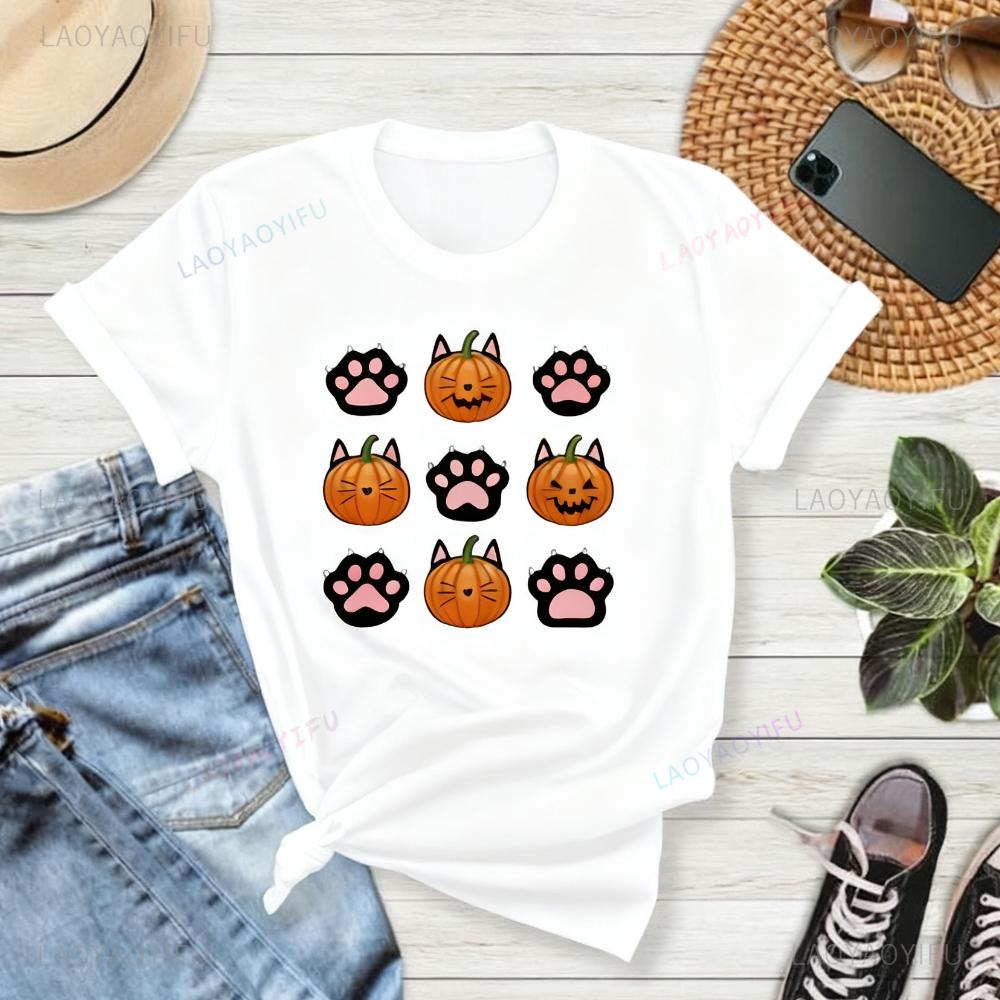 Halloween Cat TShirt Pumpkin Cat Paw Prints Shirt Cute Black Cat Graphic Printed Tshirt Women Daily Life Casual Fashion Tee Top S