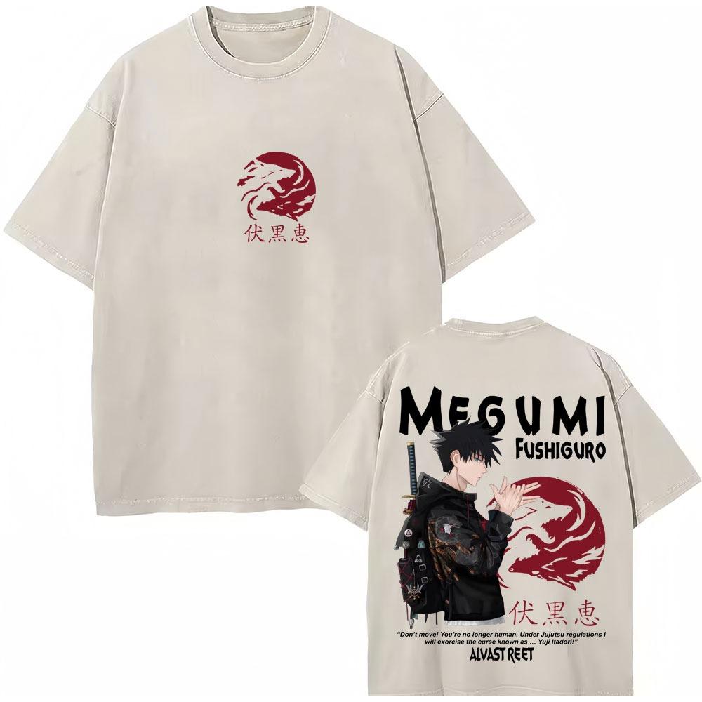 Japan Anime Jujutsu Kaisen Gewaschene T-Shirts Satoru Gojo Geto Suguru T-Shirt Lässig Baumwolle Oversized Harajuku T-Shirt