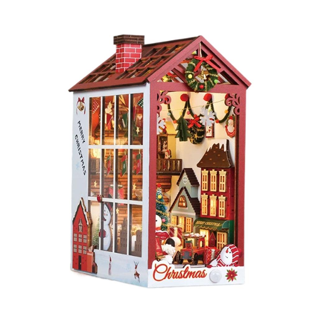 DIY Book Nook Kit Miniature Dollhouse Kit Xmas Eve Snowflakes Building with LED Light Diorama Model Birthday Gifts