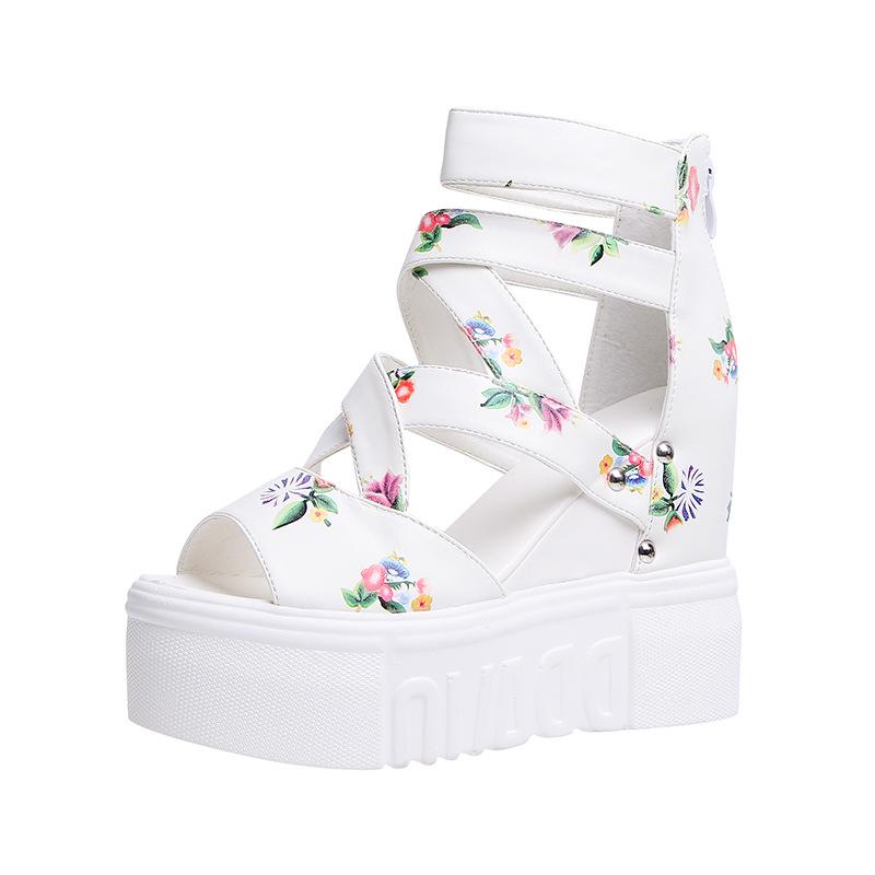 Summer New Roman Sandals Women's High-heeled Floral Lace-up Wedge-heeled Fish-mouth Thick Soles Women's Shoes Zipper