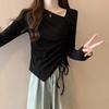 Women's Plus Size Irregular Drawstring Long Sleeve T-Shirt - Slimming Autumn 2025 Base Layer Design