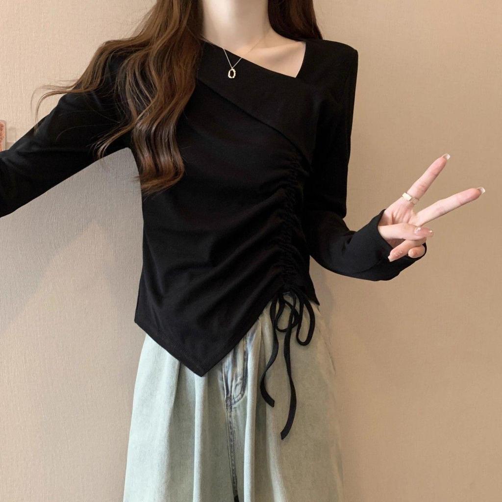 Women's Plus Size Irregular Drawstring Long Sleeve T-Shirt - Slimming Autumn 2025 Base Layer Design