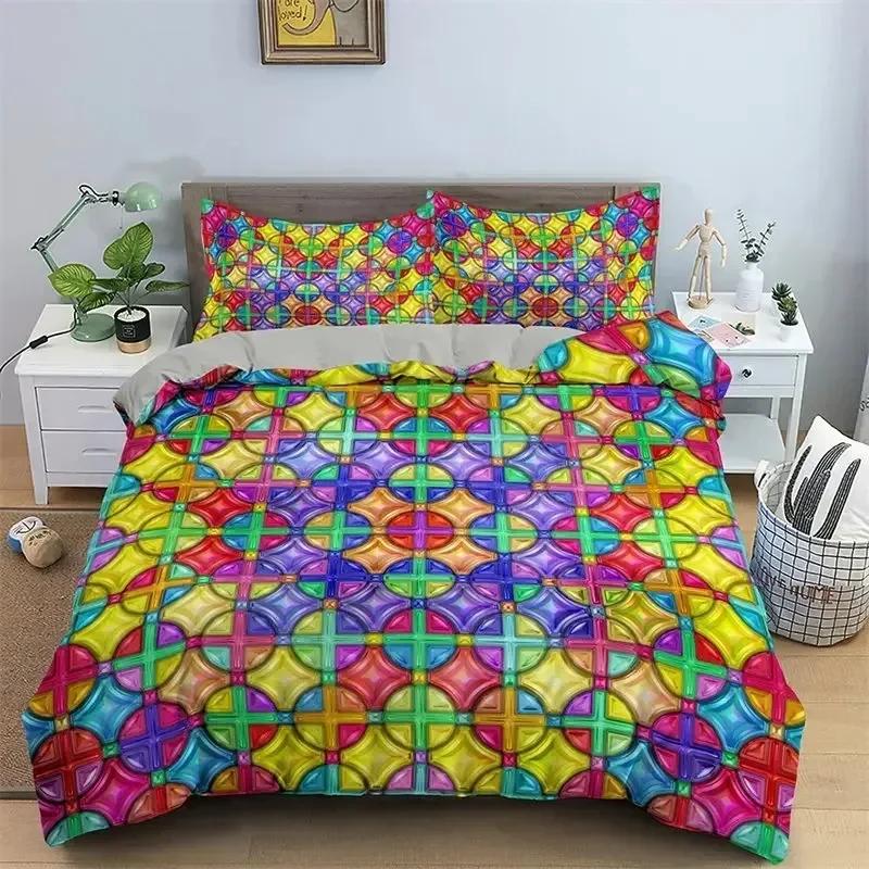 Top Abstract Geometric Duvet Cover Microfiber Queen Bedding Set Boys Kids Room Rainbow Plaid Print Quilt Cover With Pillowcase