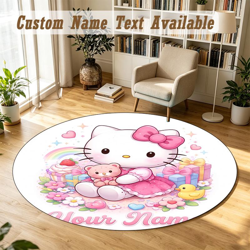Hello Kitty Personalized Round Rug Support Custom Name, Soft Home Decor Mat