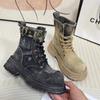 Fashion Ladies Shoes Fashion Lace Up Women's Boots Autumn British Style Round Toe Denim Short Barrel Platform Chunky Heels Naked Boots