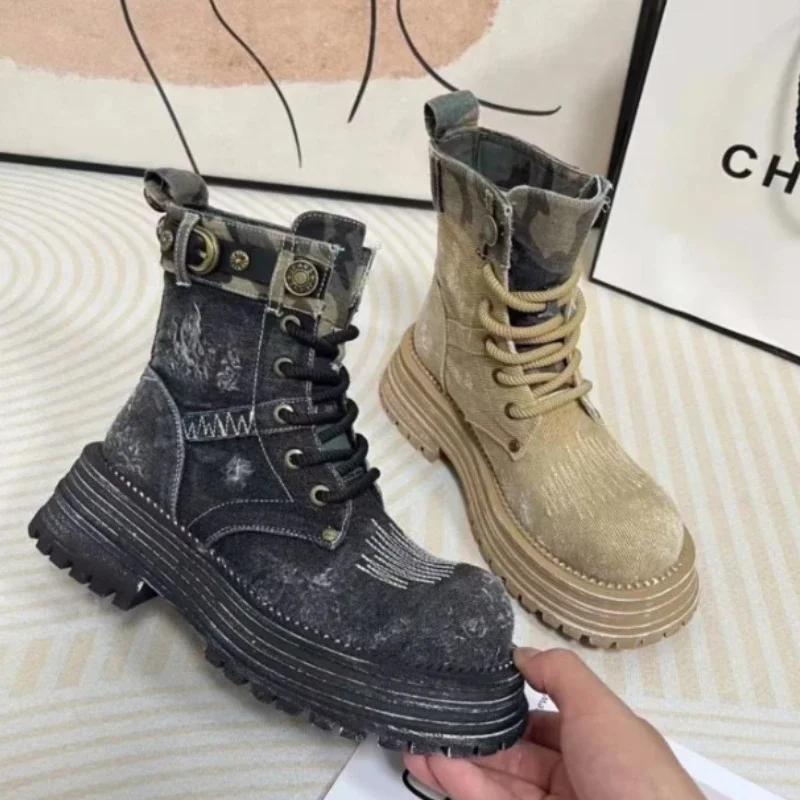 Fashion Ladies Shoes Fashion Lace Up Women's Boots Autumn British Style Round Toe Denim Short Barrel Platform Chunky Heels Naked Boots