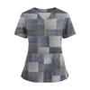 Women's Loose Short Sleeved Fashionable Square Printing V-neck Buttonable Side Slit Top T-shirt