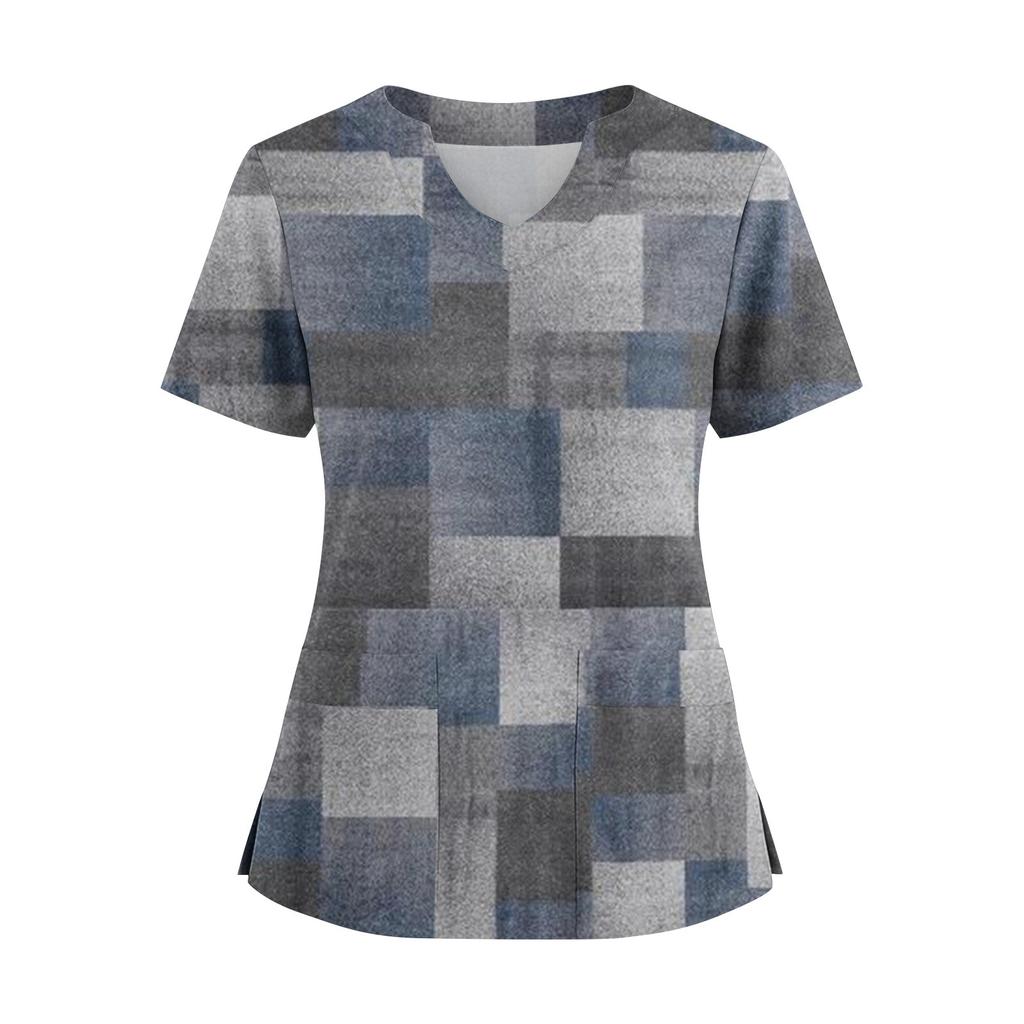 Women's Loose Short Sleeved Fashionable Square Printing V-neck Buttonable Side Slit Top T-shirt