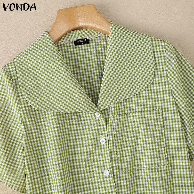VONDA Summer Women Lapel Neck Short Sleeve Plaid Cute Casual Blouse Tops