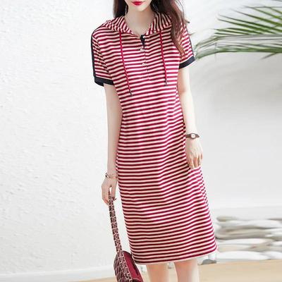 Summer 2023 Women’s Short-Sleeved Elegant Striped Hooded Midi Dress