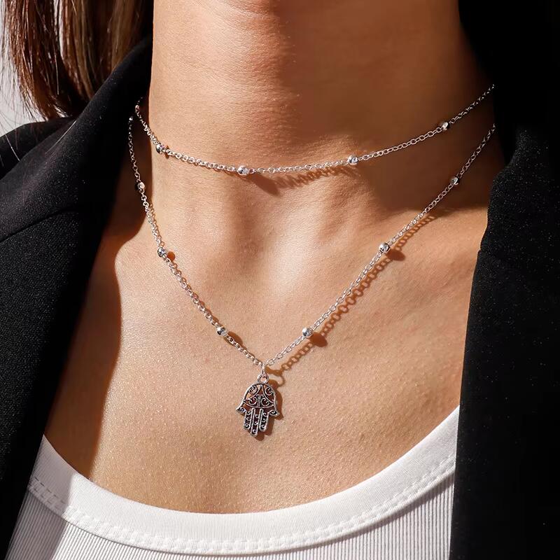 

Unique Multilayered Beads Necklace Chain for Women Girls Gold Silver Color Fatima Hamsa Hand Pendant Necklace Jewelry Gift