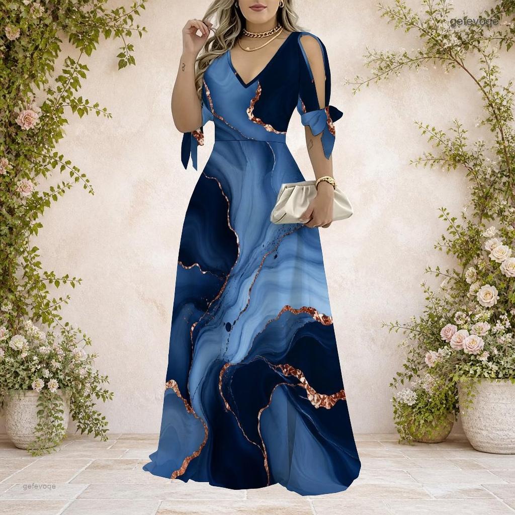 Women Plus Size Cold Shoulder V Neck Tie Cuff Short Sleeve Swirl Printed A Line Long Dress