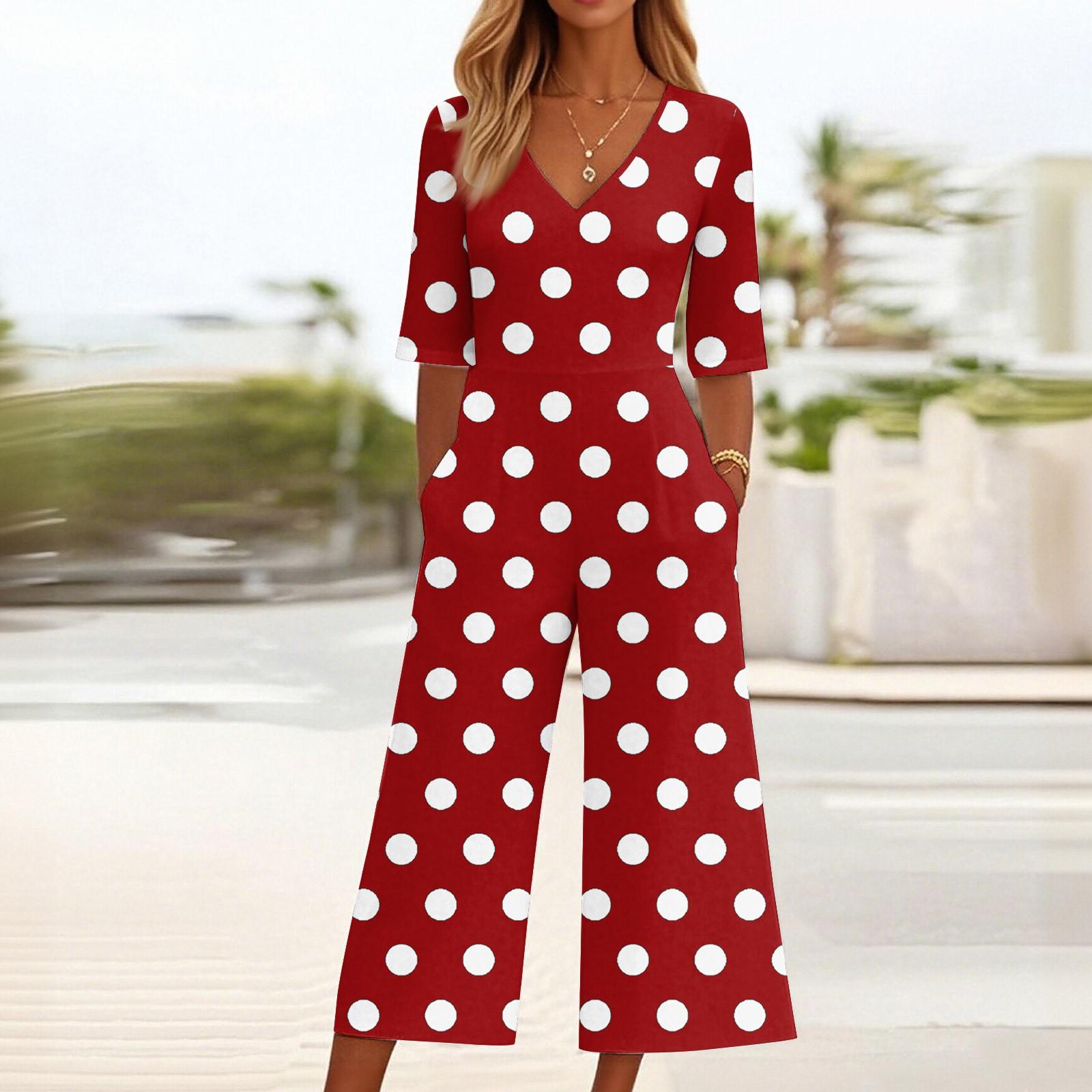 

Женский свободный повседневный комбинезон с V-образным вырезом и принтом, облегающий комбинезон с широкими штанинами, комбинезон с широкими штанинами S красный
