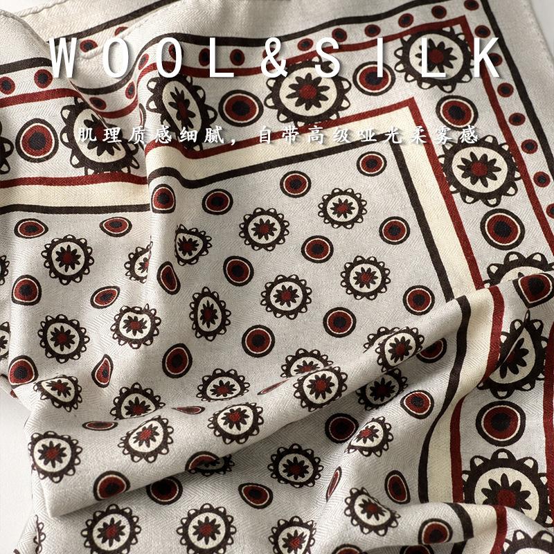 Vintage Polka Dot Rice Brown Flower Silk Wool Silk Scarf Double-sided Printing Old Money Style Fashion Casual Silk Shawl Square Scarf