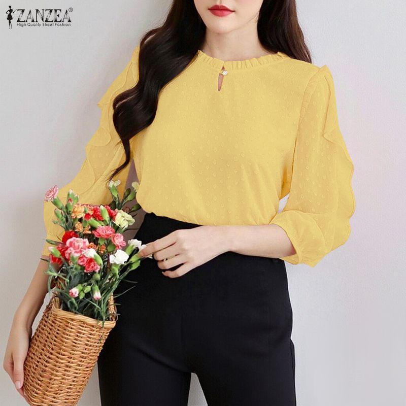 ZANZEA Womens Casual Ruffles Splice 3/4 Sleeve Summer Sheer Cover Up Blouse