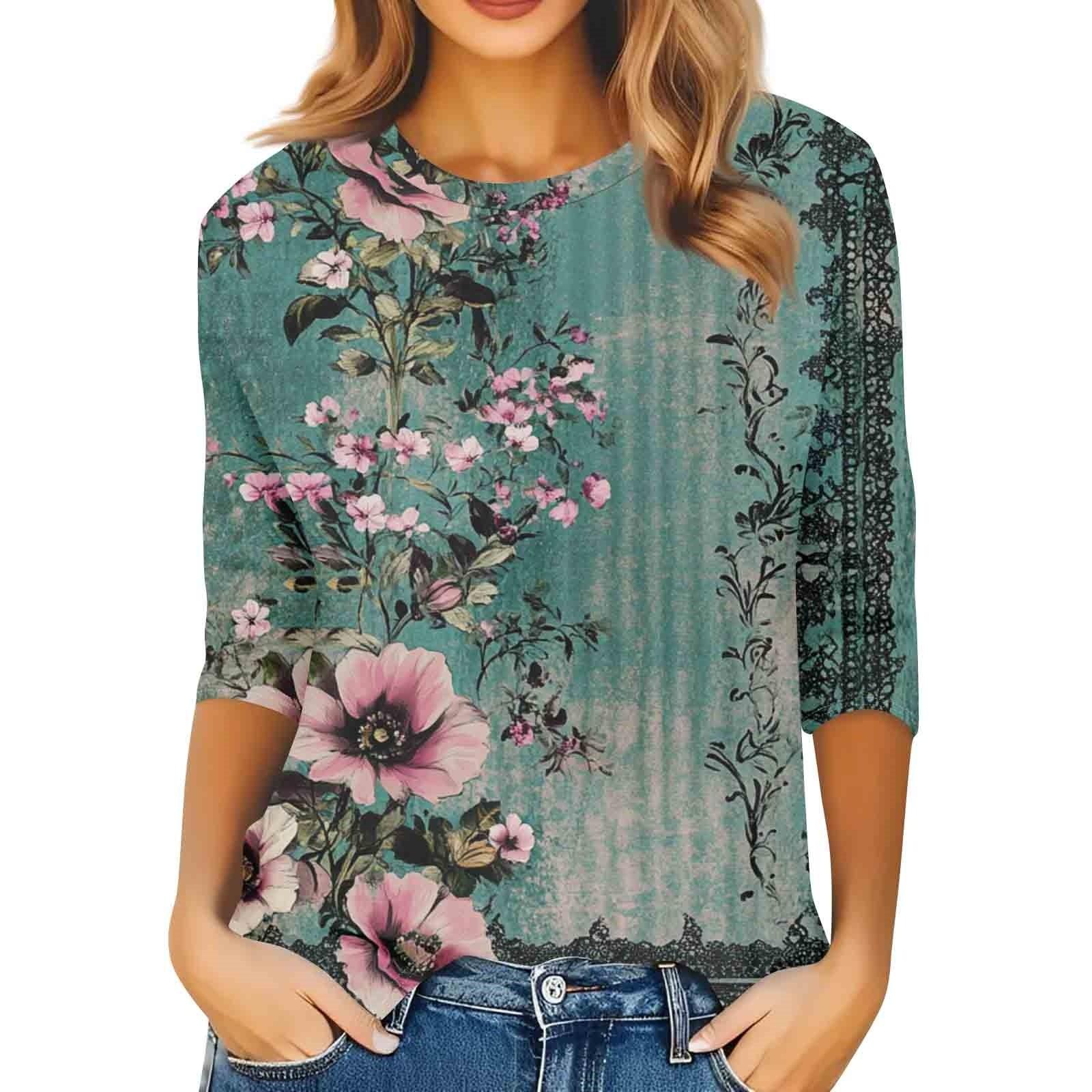 

Женская модная повседневная свободная футболка с круглым вырезом и рукавами 3/4 с принтом, женский топ M зелёный