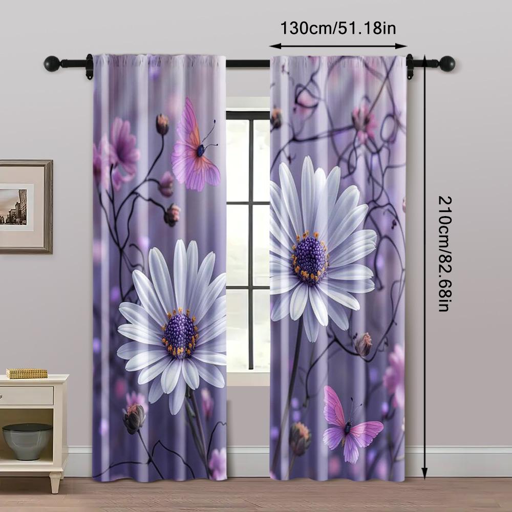 2pcs Romantic Purple Daisy Print Curtains Butterfly and Flower Pattern Polyester Window Drapes for Living Room Bedroom Decor
