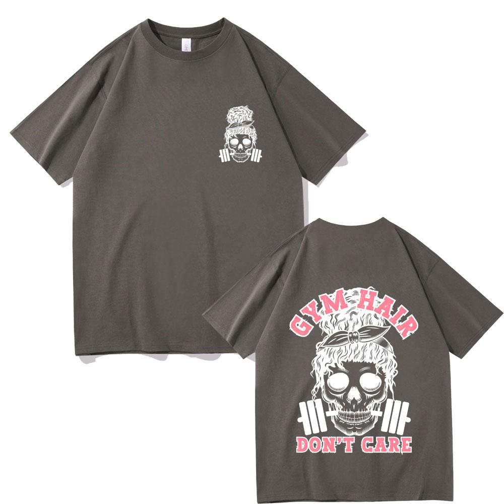 Gym Hair Dont Care Double Sided Graphic T Shirts Men Women Funny Skeleton Print Tshirt Men Women Fashion Oversized Streetwear