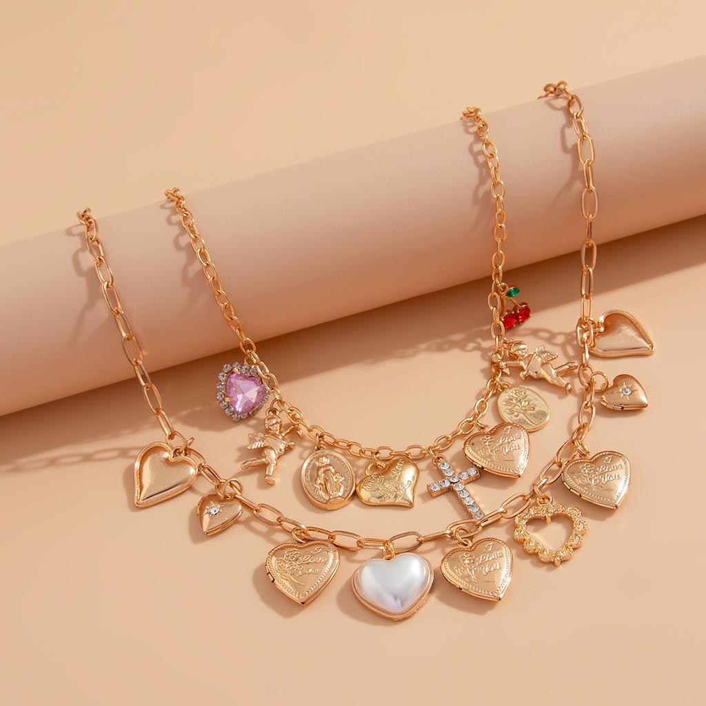 Exaggerate Punk Metal Heart Pendant Necklace for Women Crystal Cross Multilayer Necklace Statement Part Jewelry Accessories New