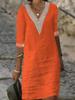 New Solid Color V-Neck Mid-Sleeve Cotton Elegant Dress