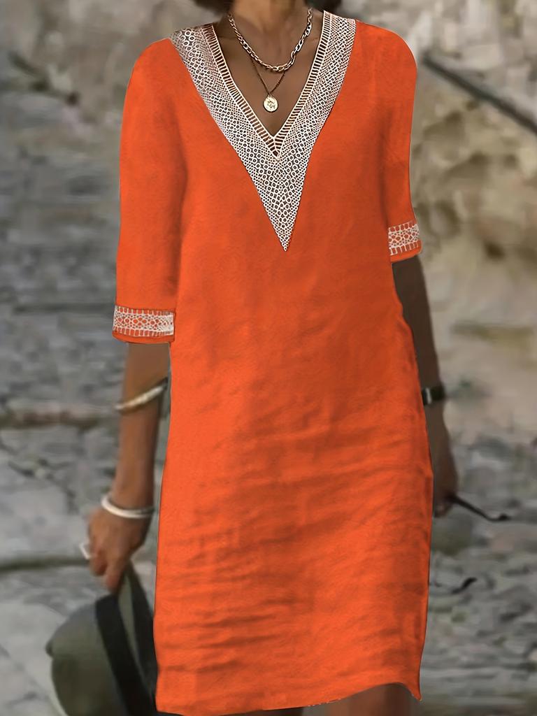 New Solid Color V-Neck Mid-Sleeve Cotton Elegant Dress
